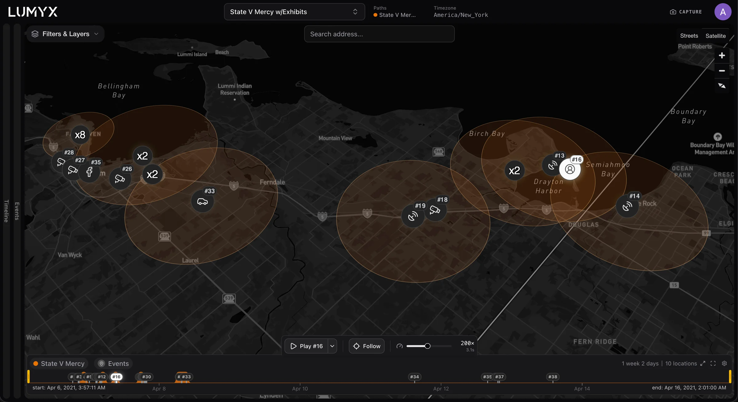 The State V Mercy case in Lumyx: AT&T NELOS pings plotted across Whatcom County, each drawn with its own accuracy radius, with corroborating surveillance and vehicle events pinned inside them.