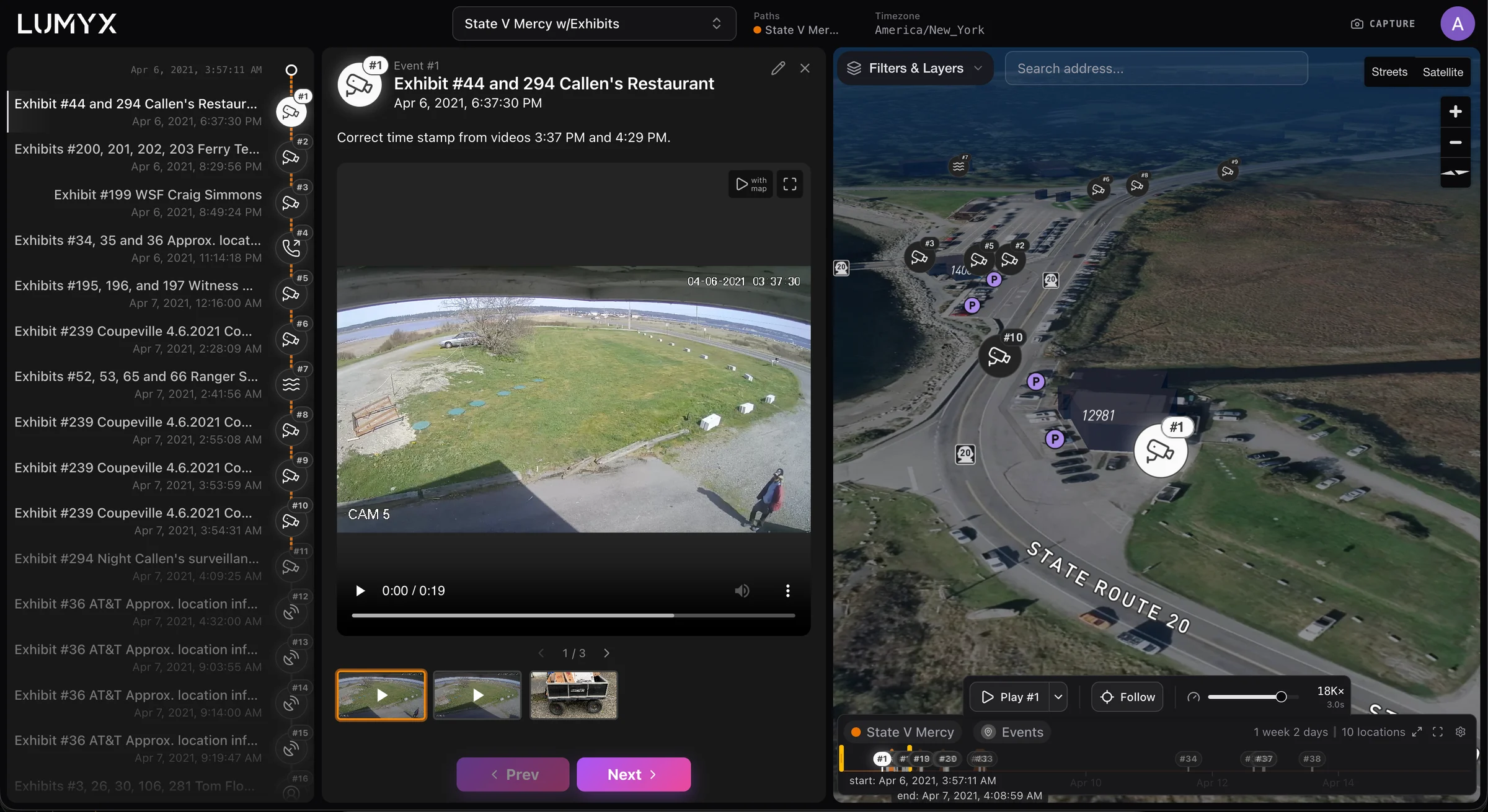 The State V Mercy case open in Lumyx: the exhibit-tagged event list, an event's surveillance video, the satellite map with every event pinned, and the case timeline — all in one view.